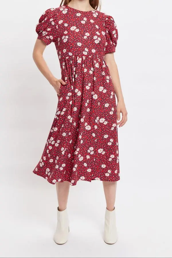 Louche Stasia Roaring Daisy Print V Back Puff Sleeve Midi Dress - Red
