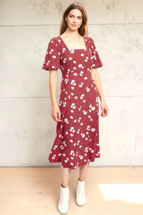 Nadine Roaring Daisy Print Square Neck Balloon Sleeve Midi Dress - Red