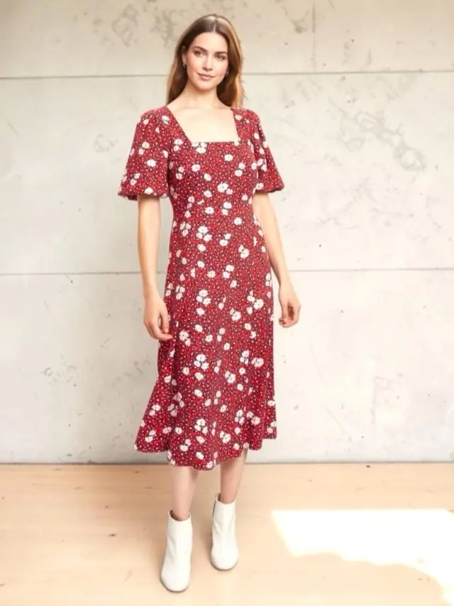 Nadine Roaring Daisy Print Square Neck Balloon Sleeve Midi Dress - Red