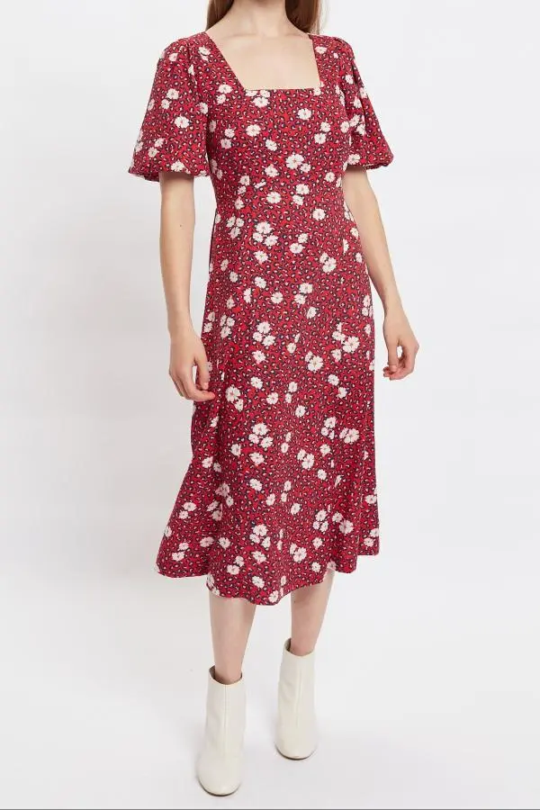 Nadine Roaring Daisy Print Square Neck Balloon Sleeve Midi Dress - Red