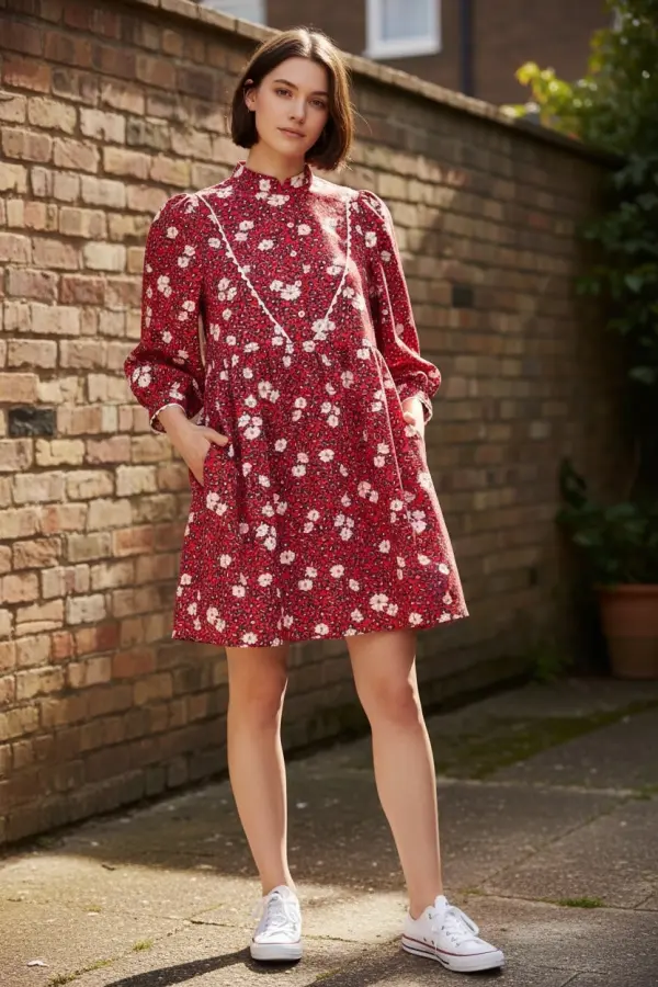 Louche Suzanne Roaring Daisy Print Long Sleeve Mini Dress - Red