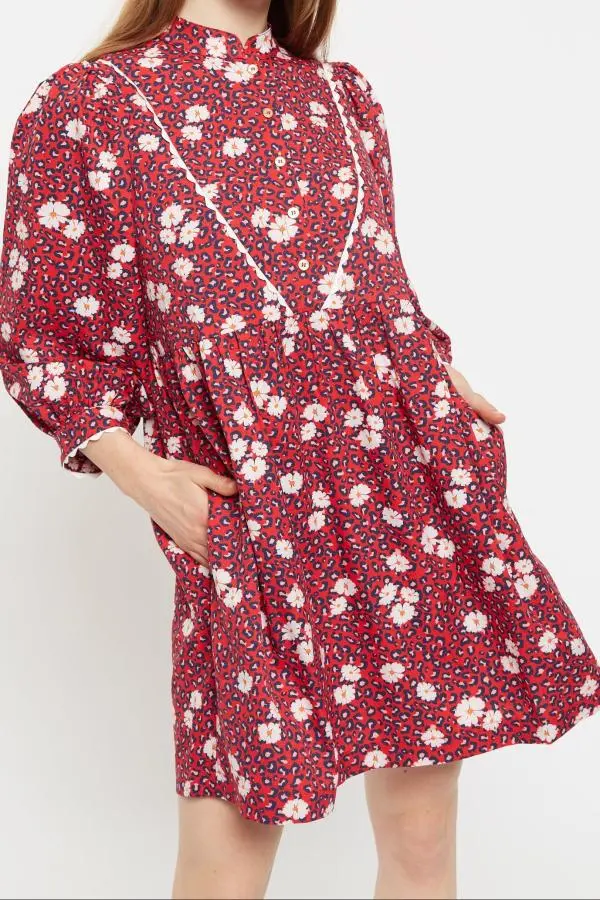 Louche Suzanne Roaring Daisy Print Long Sleeve Mini Dress - Red