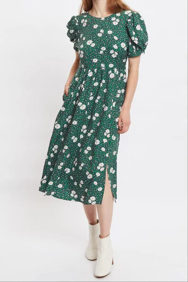 Louche Stasia Roaring Daisy Print V Back Puff Sleeve Midi Dress - Green