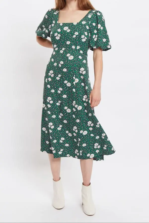 Louche Nadine Roaring Daisy Print Square Neck Balloon Sleeve Midi Dress - Green