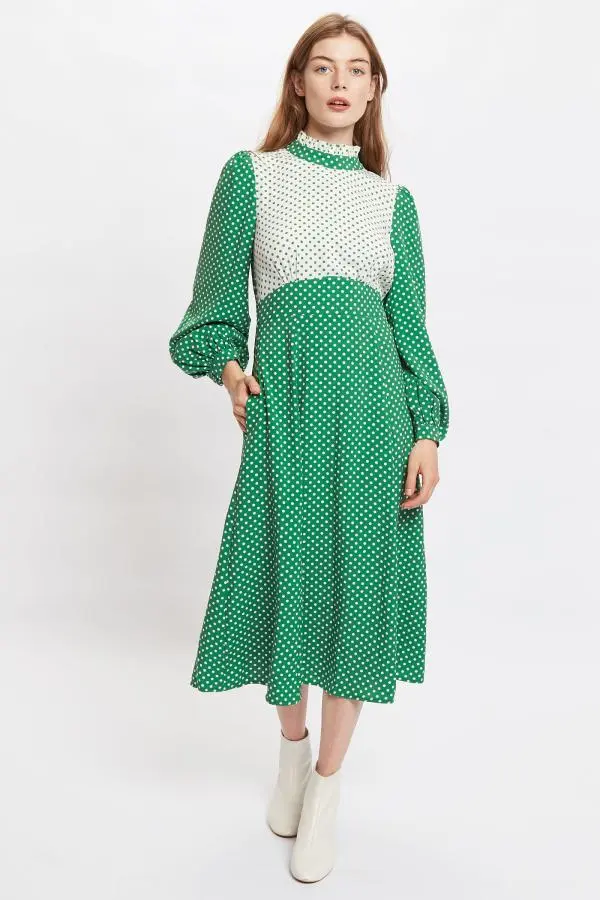 Louche Sorrel Polka Dot Print Long Sleeve Midi Dress