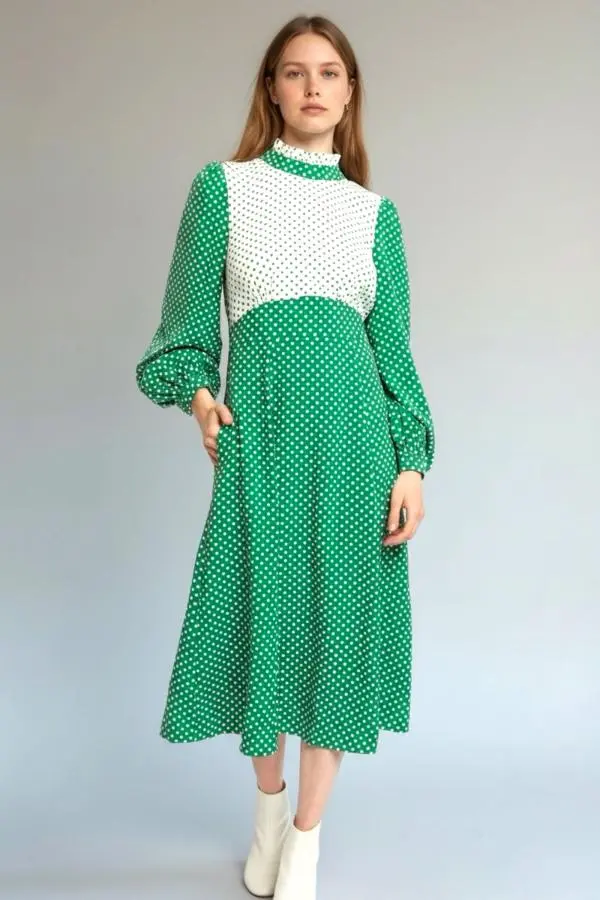 Louche Sorrel Polka Dot Print Long Sleeve Midi Dress