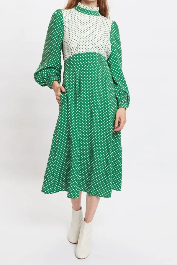 Louche Sorrel Polka Dot Print Long Sleeve Midi Dress