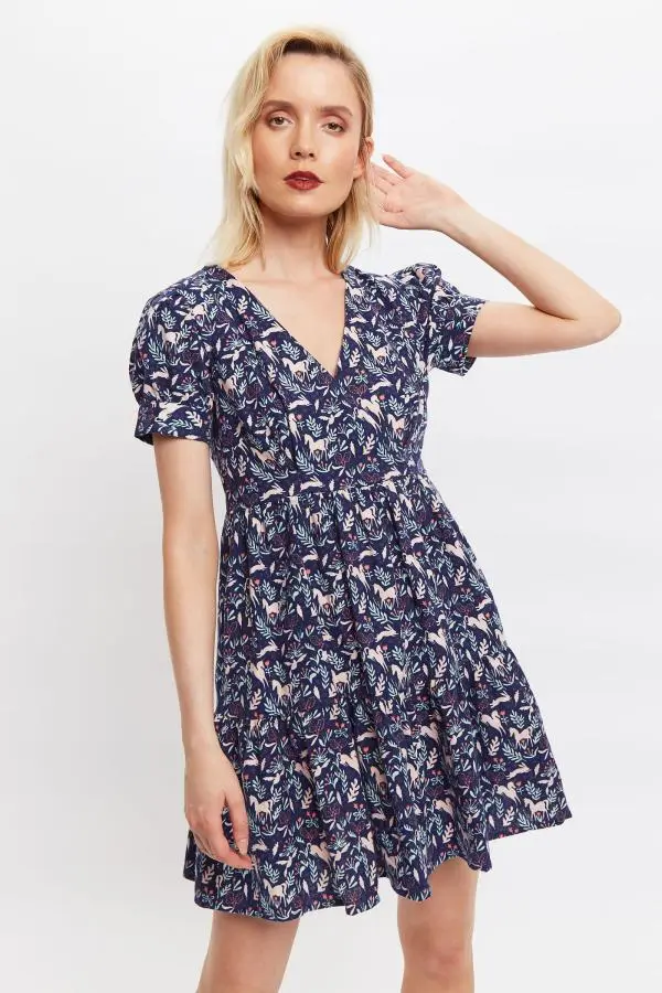 Louche Saara Magic Forest Print Long Sleeved Tiered Mini Dress