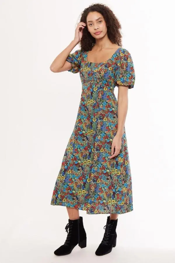 Louche Nadine Floret Print Square Neck Midi Dress