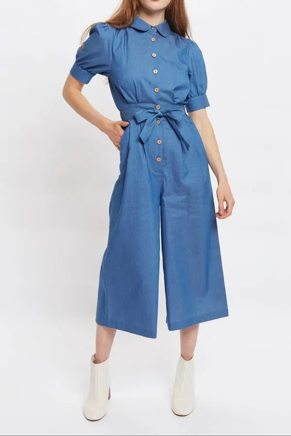 Louche Magda Chambray Short Sleeve Cropped Jumpsuit