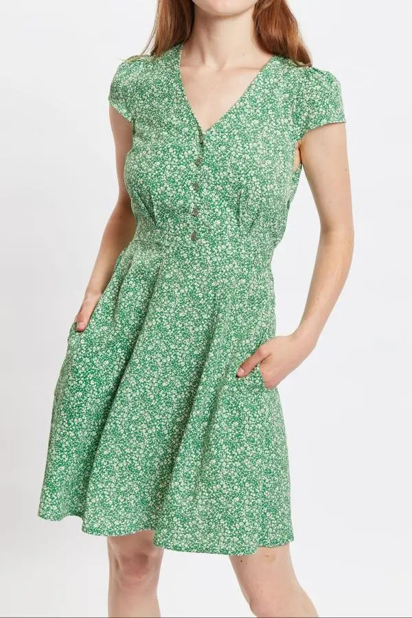 Louche Cathleen Micro Flower Print Mini Tea Dress - Green