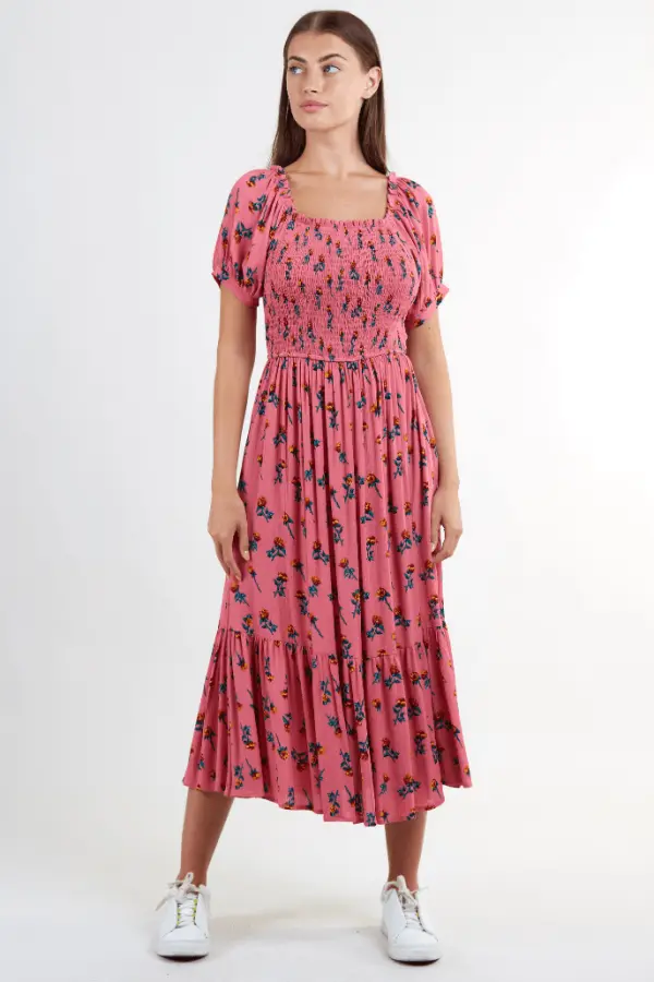 Louche Babette Rose Print Smocked Bodice Puff Sleeve Midi Dress