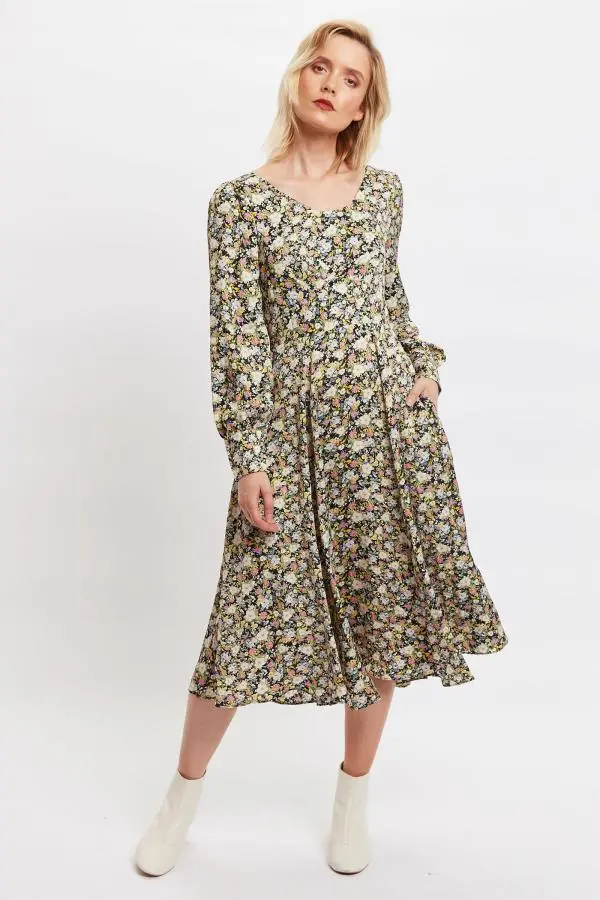 Louche Arwen Petal Parade Print V Back Midi Dress