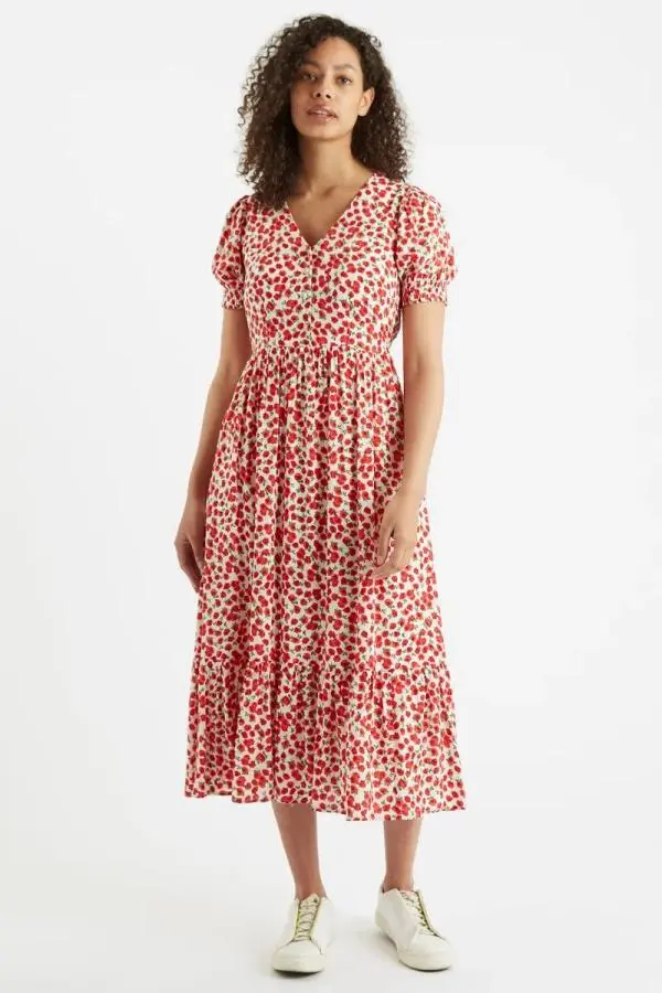 Louche Beatrix Roses Print V Neck Short Sleeve Midi Tiered Dress