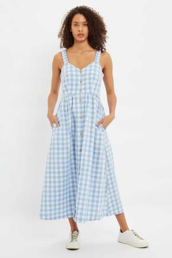 Clover Picnic Check Button Through Midi Sundress - Blue