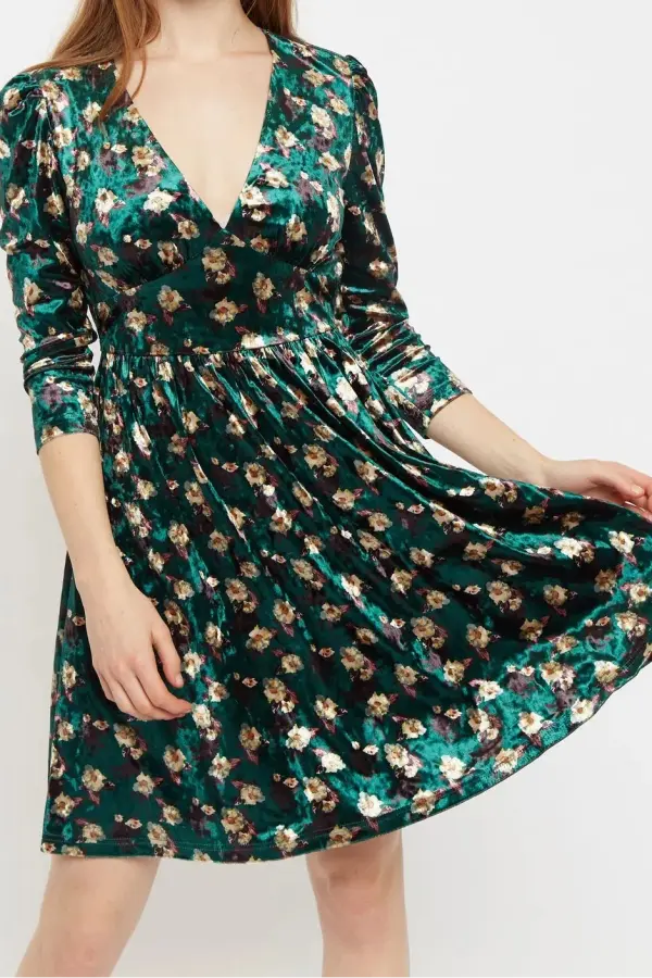 Louche Annalise Paintbrush Print Velvet V Neck Mini Dress