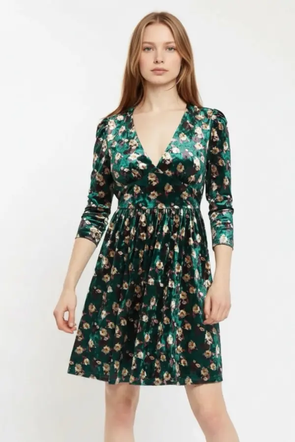 Louche Annalise Paintbrush Print Velvet V Neck Mini Dress