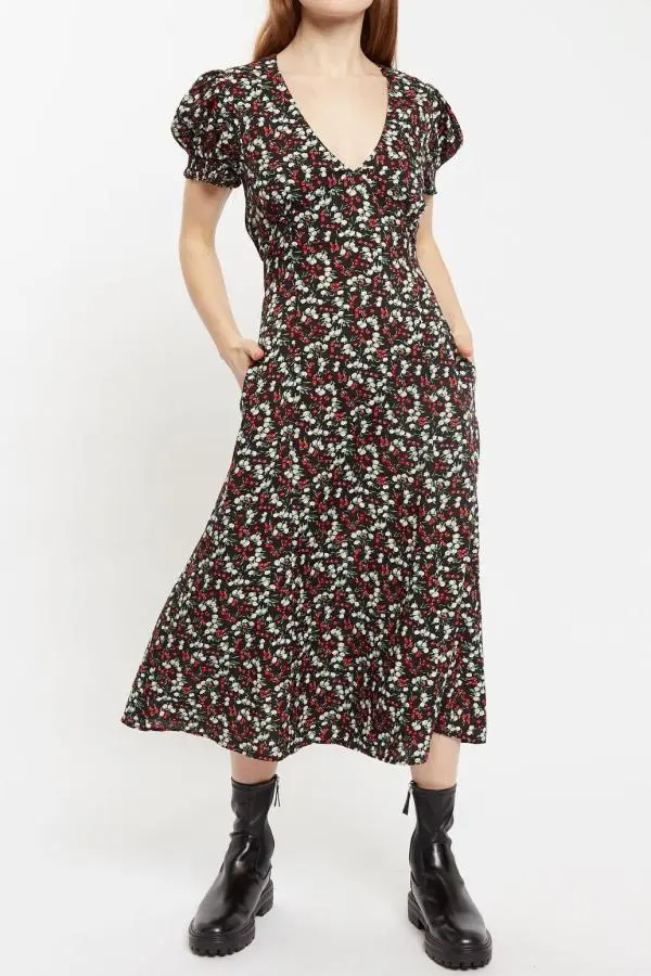 Minerva  Jolly Ditsy Print Puff Sleeve Midi Dress