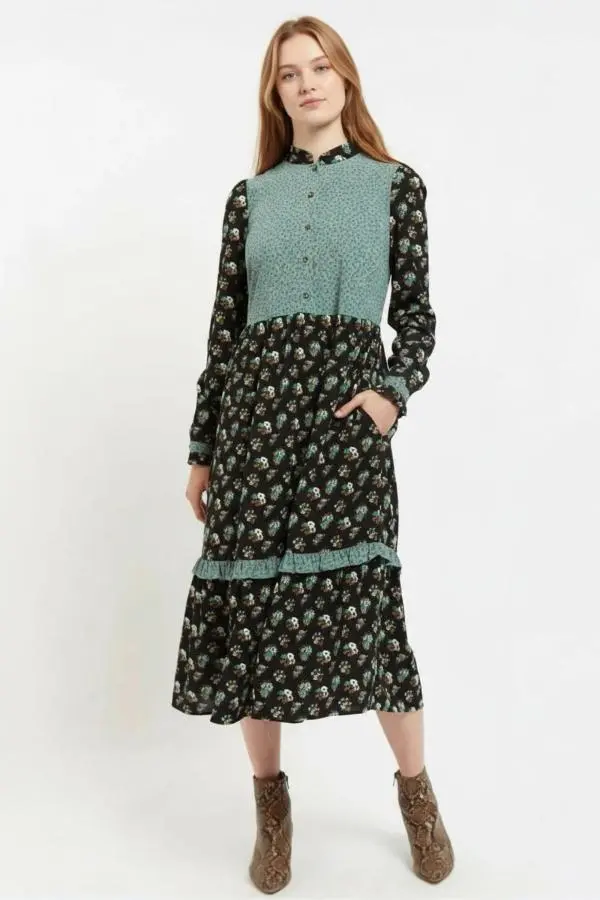 Elsie Posy Patchwork Print Tiered Long Sleeve Midi Dress