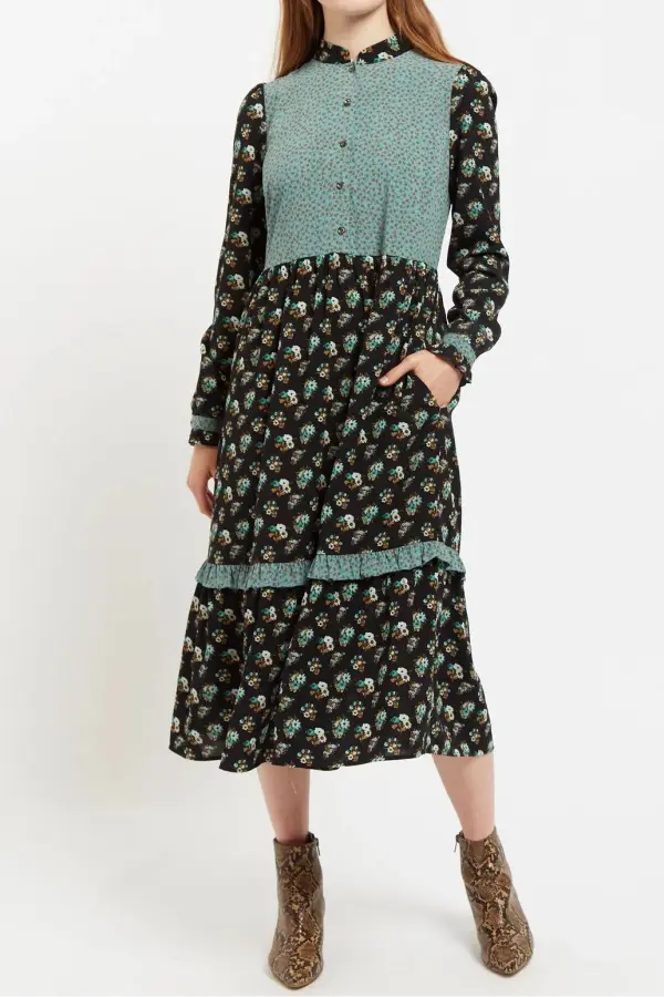Louche Elsie Posy Patchwork Print  Tiered Long Sleeve Midi Dress