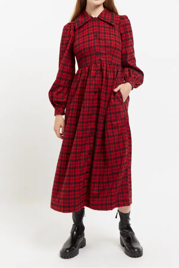 Louche Cailin Winter Gingham Midi Shirt Dress in Red and Black
