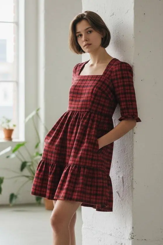 Sassa Winter Gingham Tiered Mini Dress in Red and Black