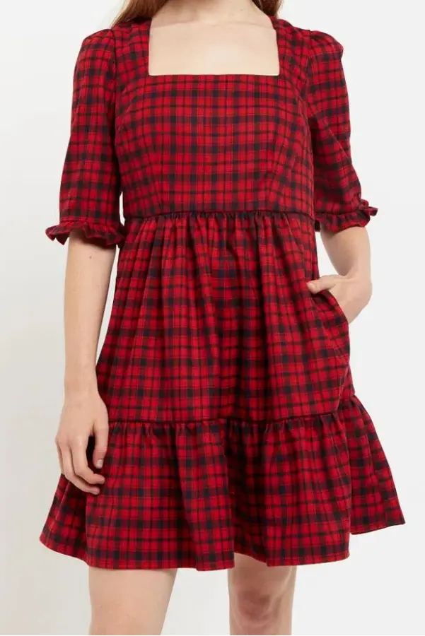 Sassa Winter Gingham Tiered Mini Dress in Red and Black