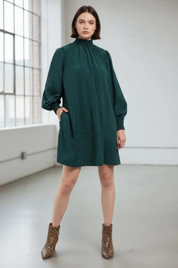 Louche Brigitta Micro Dot Throw On Smock Dress in Green