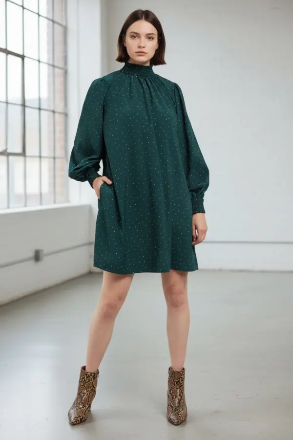 Louche Brigitta Micro Dot Throw On Smock Dress in Green