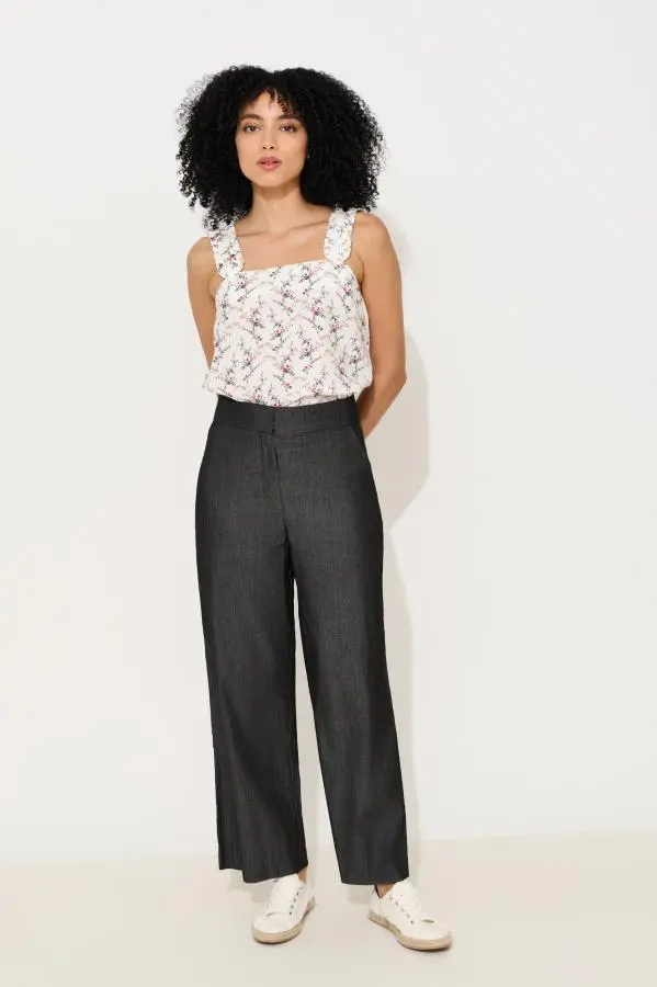 Elina Chambray Straight Cut Trouser - Black