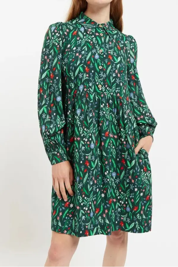 Melly Folk Floral Print Long Sleeve Button Through Mini Dress