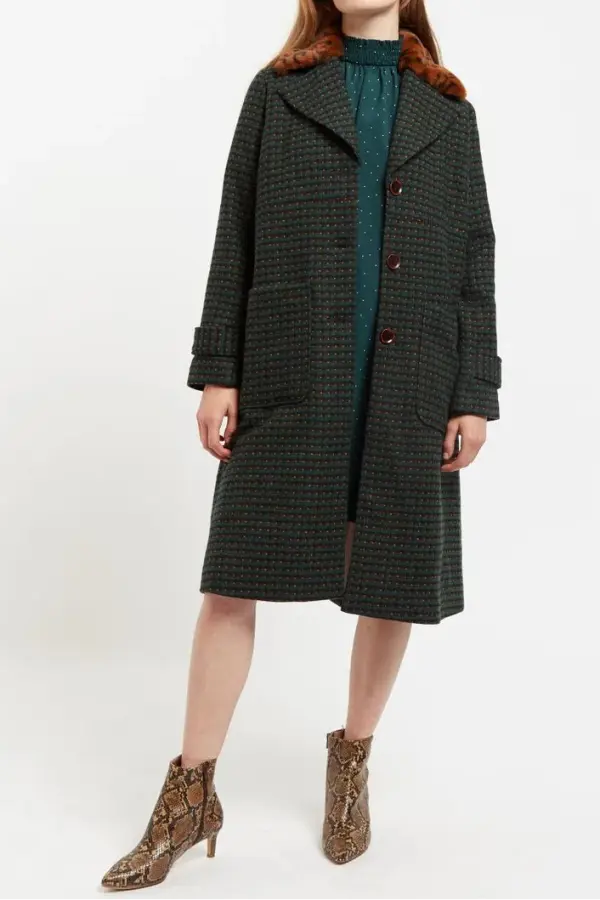 Roksana Cottage Check Faux Fur Collared Coat