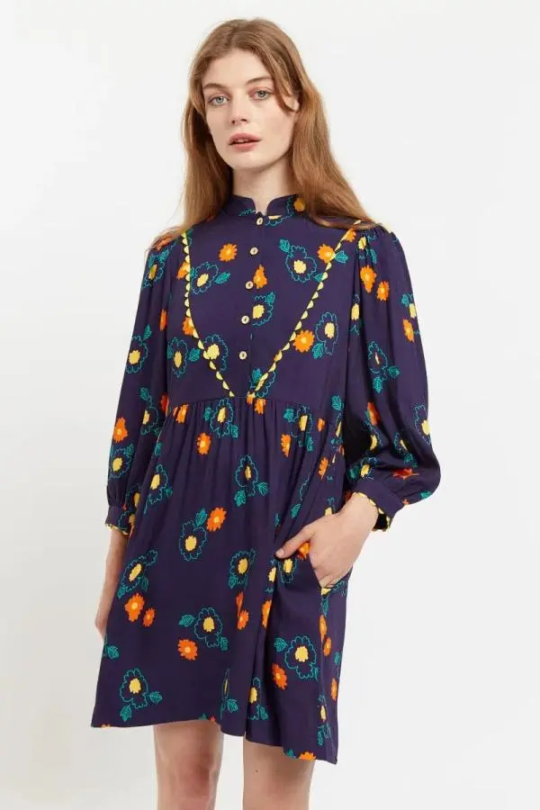 Louche Suzanne Clarice Floral Print Ric Rac Trim Long Sleeve Smock Mini Dress