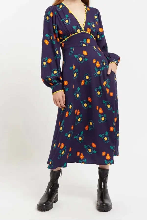 Marize Clarice Floral Print V Neck Long Sleeve Midi Dress