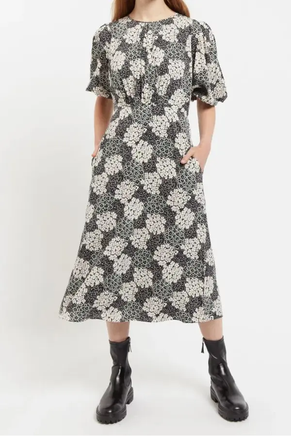 Leonore Flower Patch Balloon Sleeve Midi Dress in Black & White