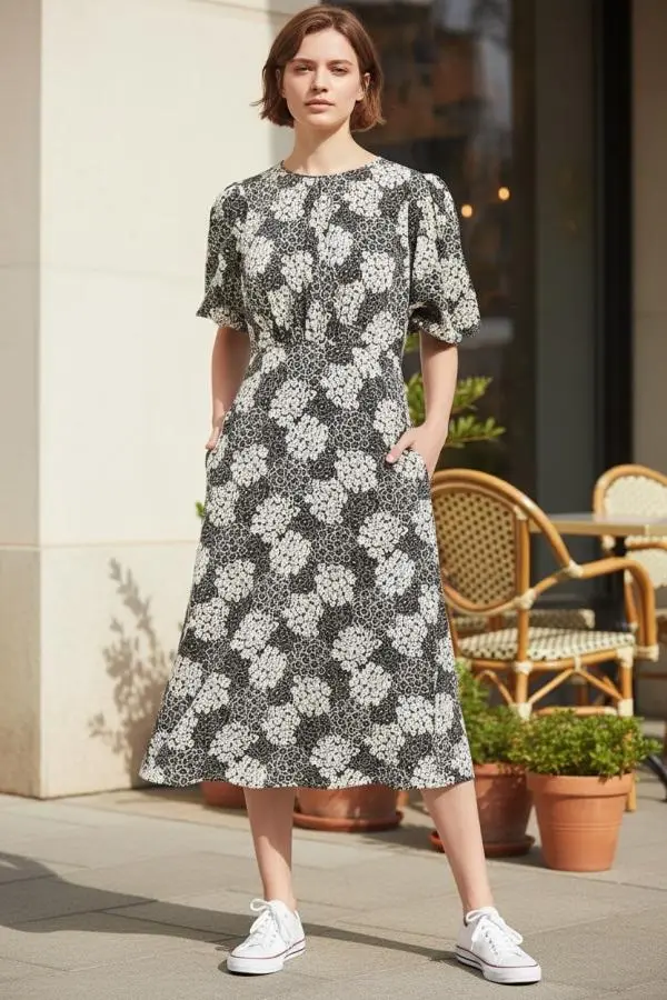 Leonore Flower Patch Balloon Sleeve Midi Dress in Black & White
