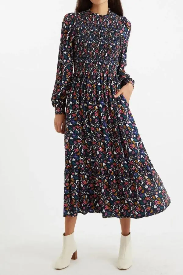 Peppi White Rabbit Print Smocked Bodice Midi Dress