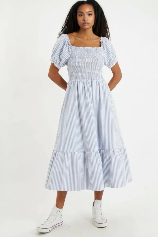 Babette Sail Stripe Shirred Bodice Midi Dress Blue