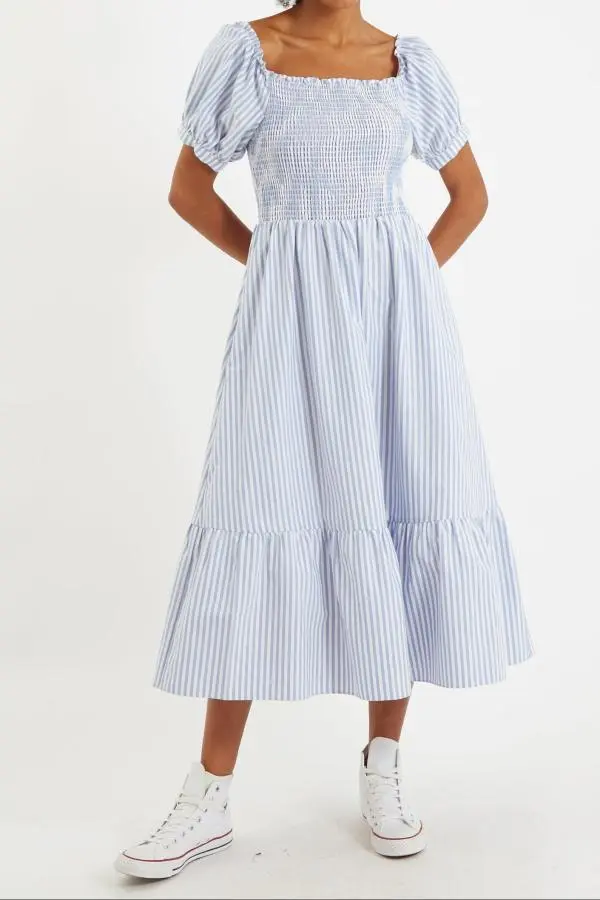Babette Sail Stripe Shirred Bodice Midi Dress Blue