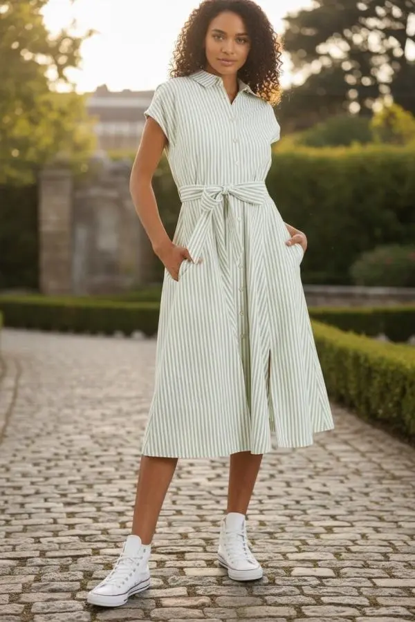 Fleur Sail Stripe Midi Shirt Dress Green