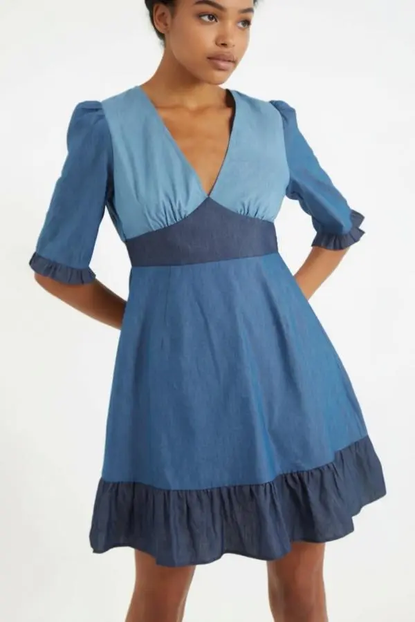 Honie Double Denim V-Neck Mini Dress