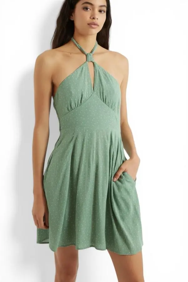 Geri Petite Dot Green Halter Neck Mini Dress