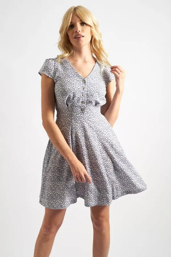 Cathleen Mini Floral Print Tea Dress Blue