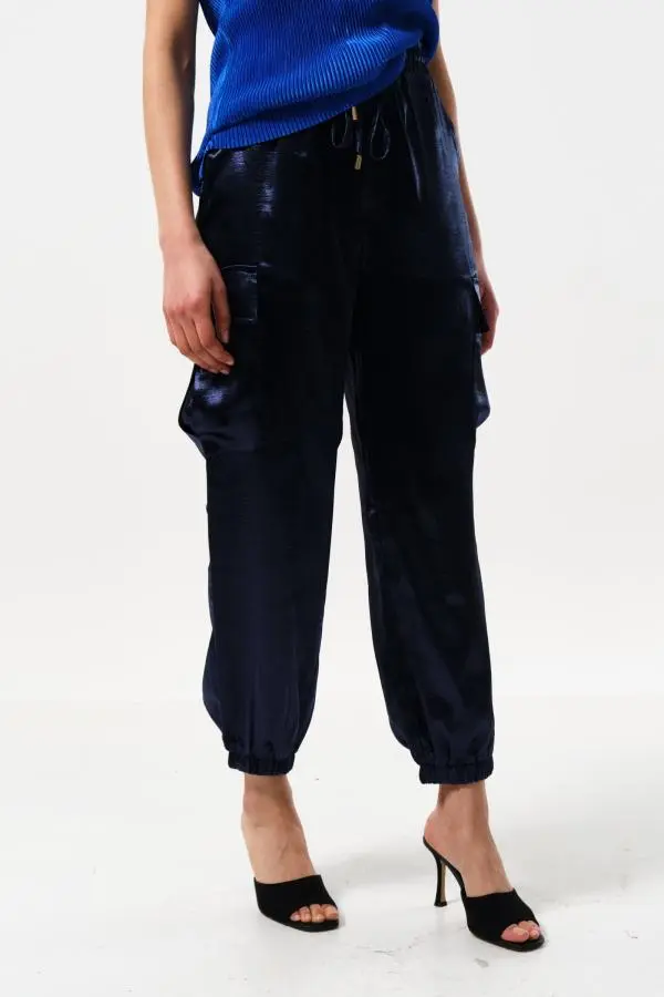 Chava Satin Cargo Pant in Navy