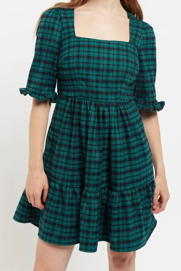 Sassa Winter Gingham Tiered Mini Dress in Green and Black