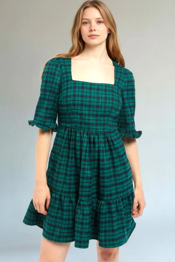 Sassa Winter Gingham Tiered Mini Dress in Green and Black