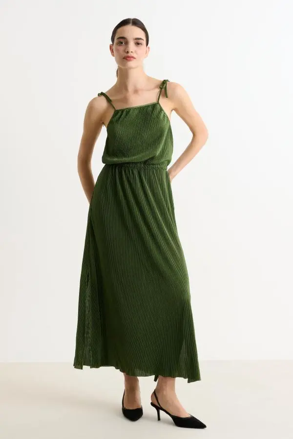 Mayra Pleat Sage Strappy Maxi Dress