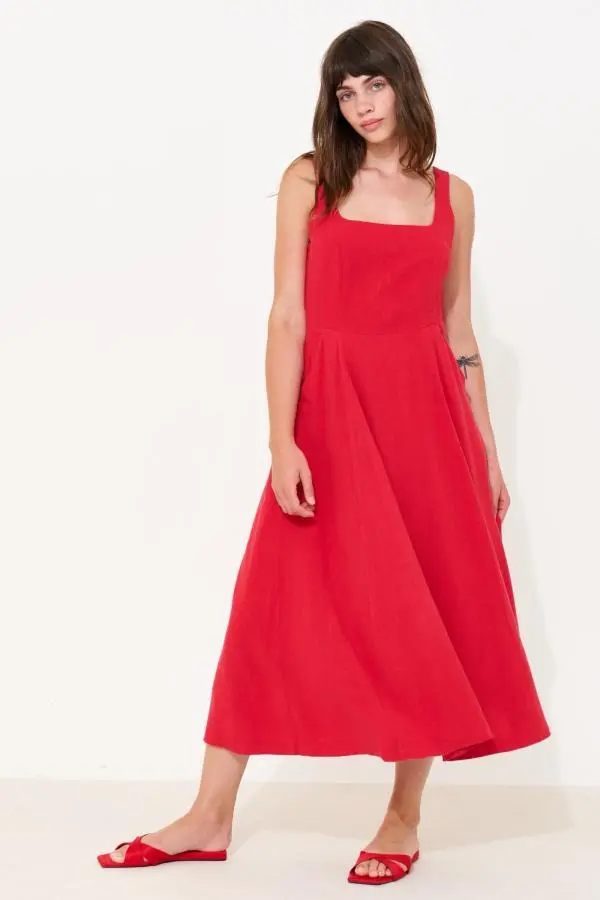 Baya Linen Mix Square Neck Midi Dress - Red