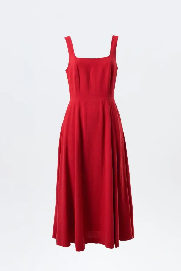 Baya Linen Mix Square Neck Midi Dress - Red