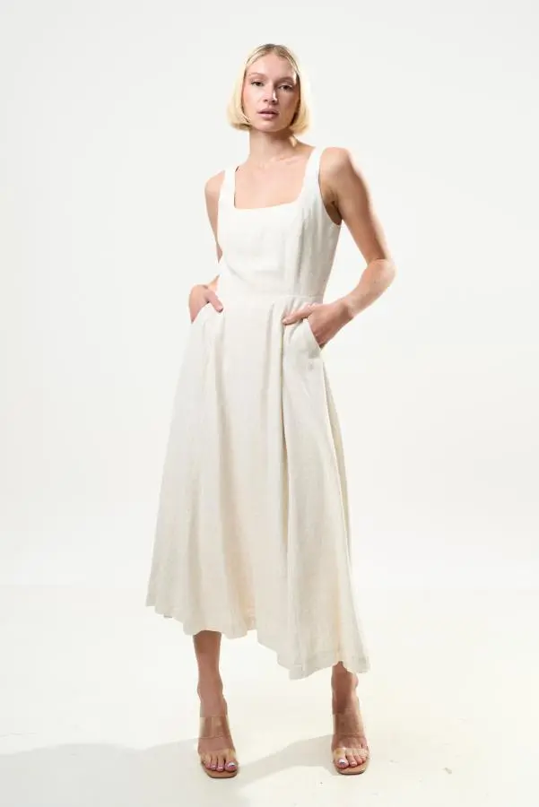 Baya Linen Mix Square Neck Midi Dress - Natural